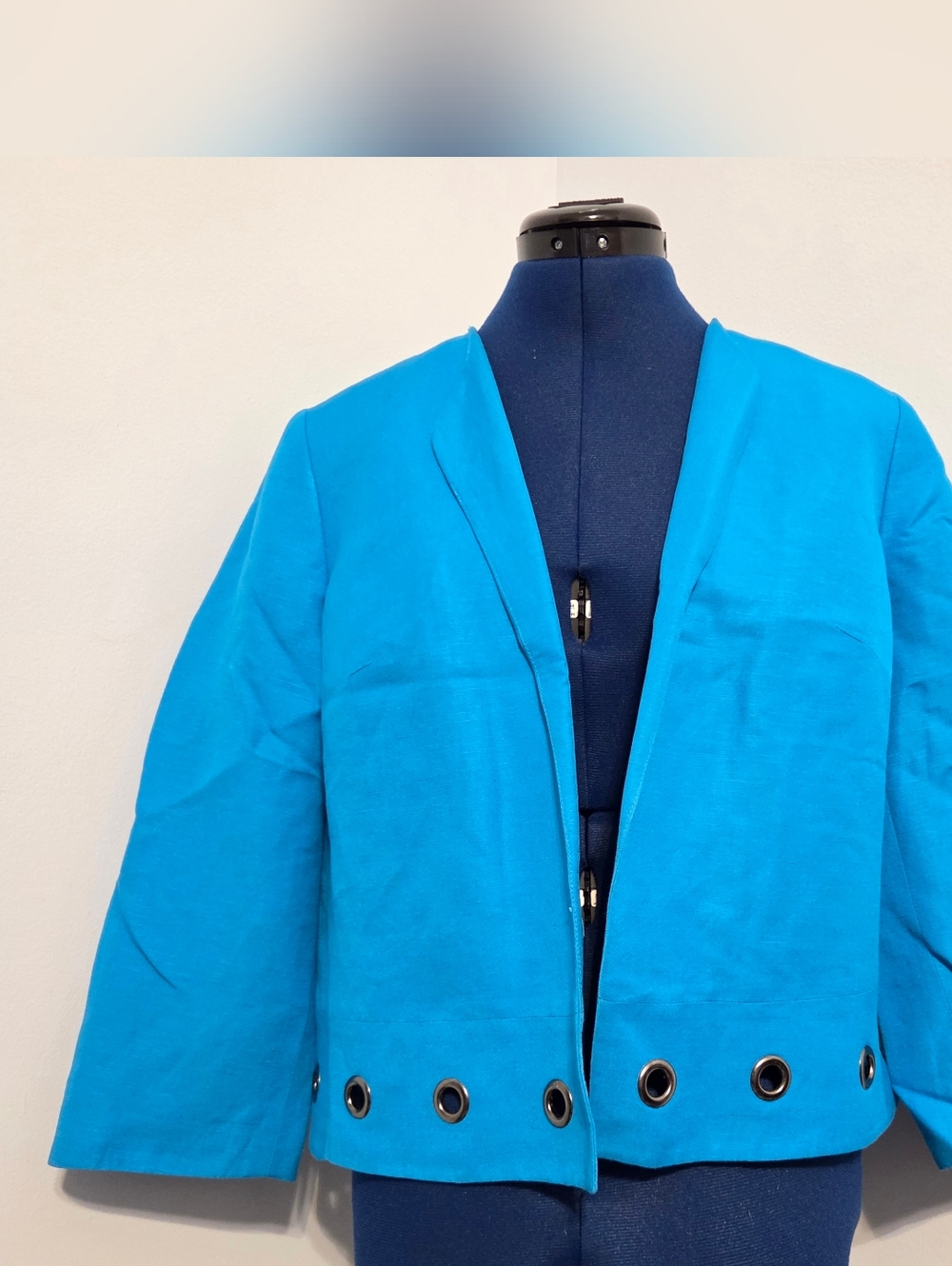 Bright Blue Grommet Accent Linen Blend Blazer Size 12P